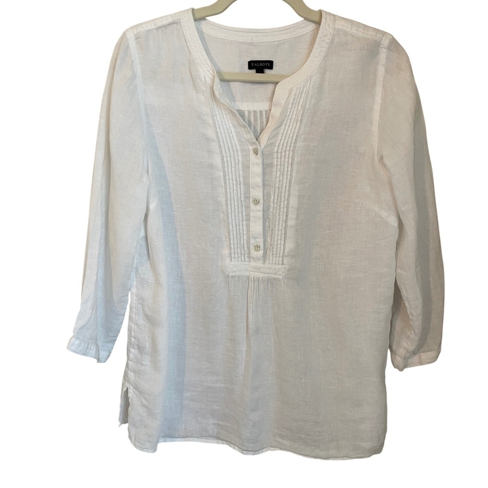 Talbots White Linen Pintuck 3/4 Sleeve A-Line Tunic Top Size M Cottage Coastal